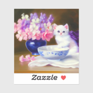 Vintage White Kitten with Purple Ribbon
