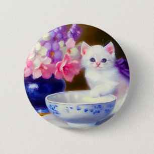 Vintage White Kitten with Purple Ribbon 6 Cm Round Badge