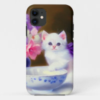 Vintage White Kitten with Purple Ribbon