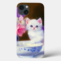 Vintage White Kitten with Purple Ribbon