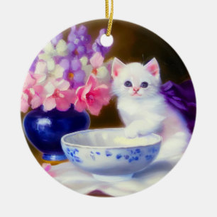 Vintage White Kitten with Purple Ribbon Ceramic Ornament