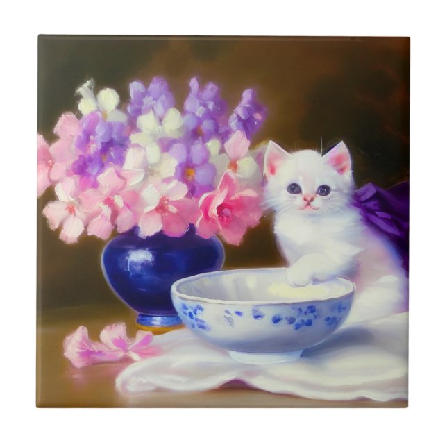 Vintage White Kitten with Purple Ribbon Ceramic Tile (Front)