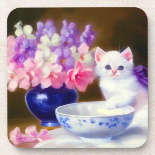 Vintage White Kitten with Purple Ribbon Coaster