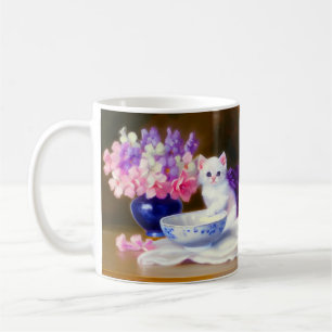 Vintage White Kitten with Purple Ribbon Coffee Mug