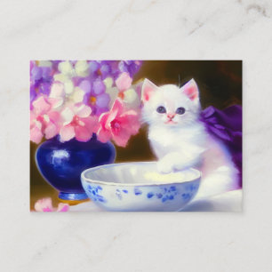 Vintage White Kitten with Purple Ribbon Enclosure Card