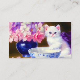 Vintage White Kitten with Purple Ribbon Enclosure Card