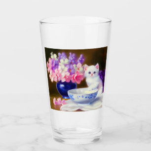 Vintage White Kitten with Purple Ribbon Glass