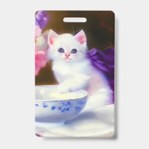 Vintage White Kitten with Purple Ribbon ID Badge