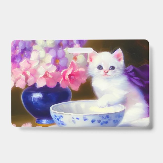 Vintage White Kitten with Purple Ribbon ID Badge (Front)
