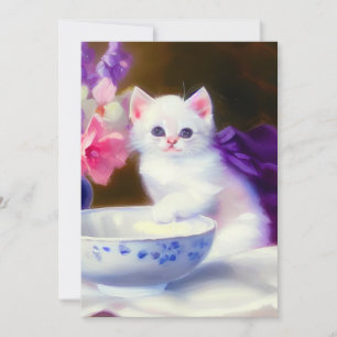 Vintage White Kitten with Purple Ribbon Invitation
