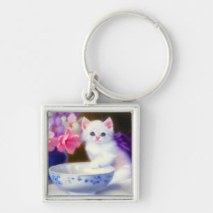 Vintage White Kitten with Purple Ribbon Key Ring