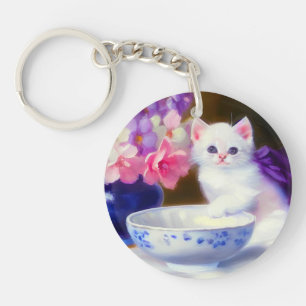 Vintage White Kitten with Purple Ribbon Key Ring