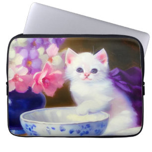 Vintage White Kitten with Purple Ribbon Laptop Sleeve