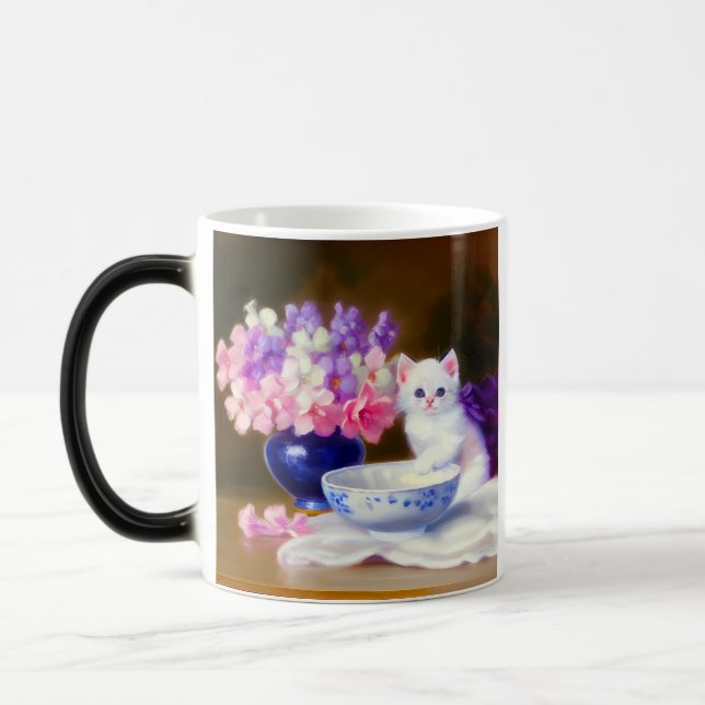 Vintage White Kitten with Purple Ribbon Magic Mug (Left)