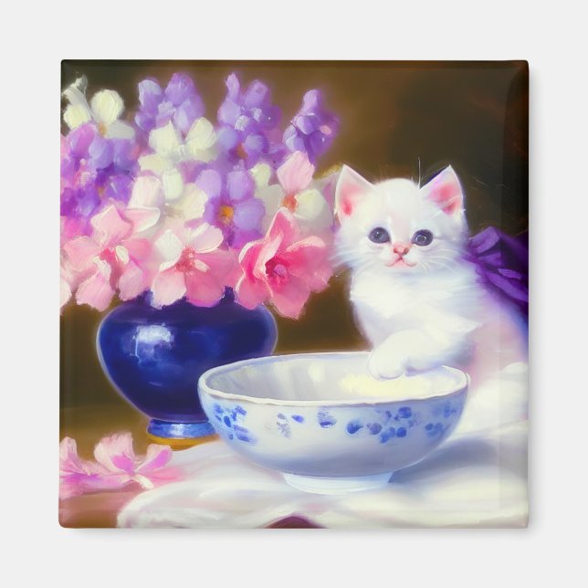 Vintage White Kitten with Purple Ribbon Magnet (Front)
