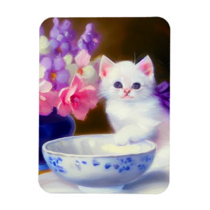 Vintage White Kitten with Purple Ribbon Magnet