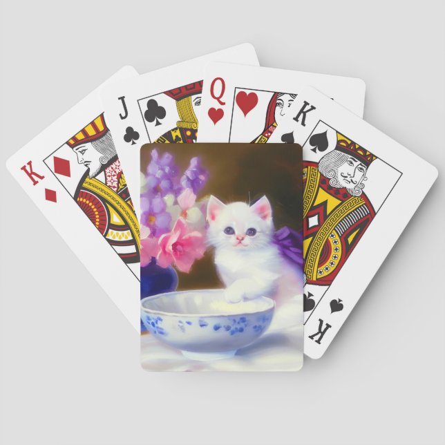 Vintage White Kitten with Purple Ribbon Playing Cards (Back)