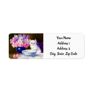 Vintage White Kitten with Purple Ribbon Return Address Label