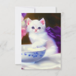 Vintage White Kitten with Purple Ribbon RSVP Card