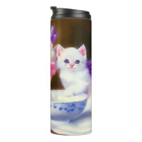 Vintage White Kitten with Purple Ribbon