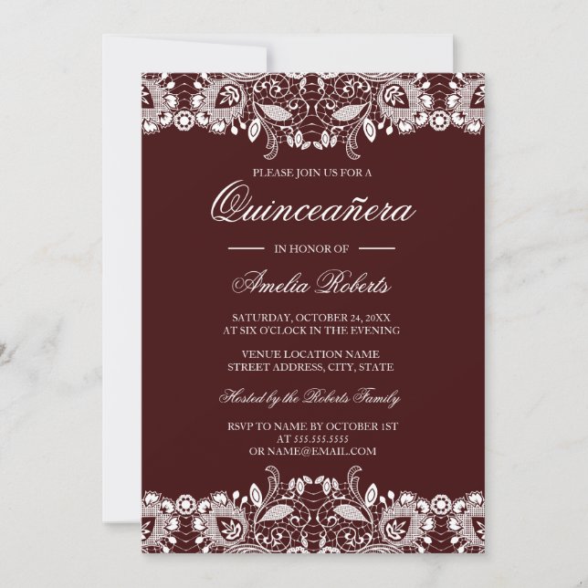 Vintage White Lace Burgundy Quinceanera Invitation (Front)