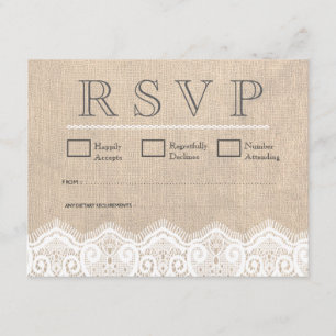Vintage White Lace & Burlap Wedding RSVP Cards