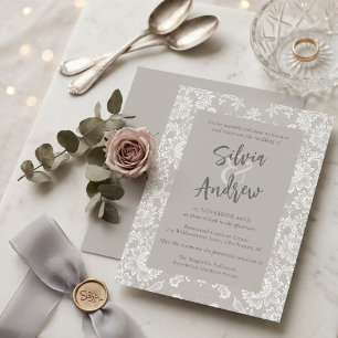 Vintage White Lace Elegant Grey Floral Wedding Invitation