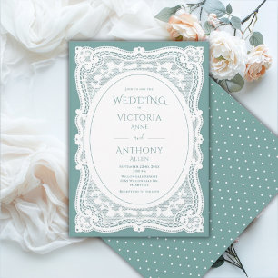 Vintage White Lace Green Polkadots Rustic Wedding Invitation