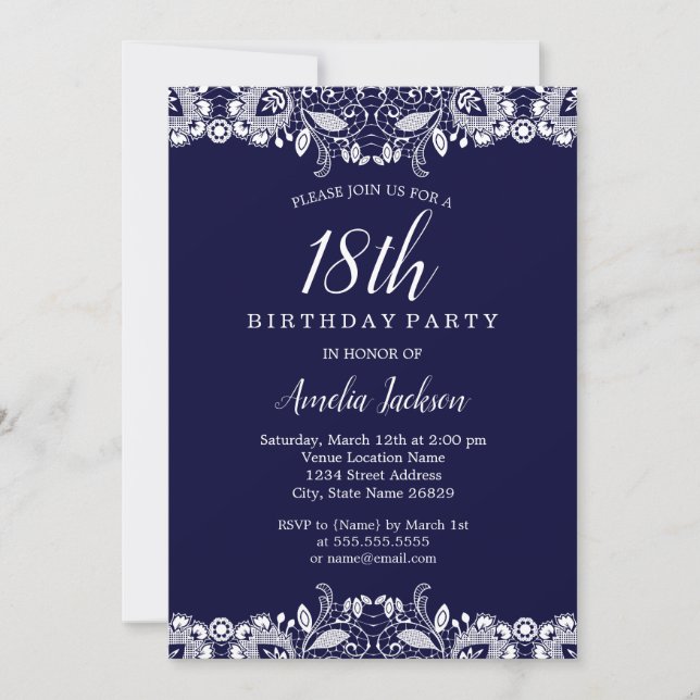 Vintage White Lace Navy 18th Birthday Party Invitation (Front)