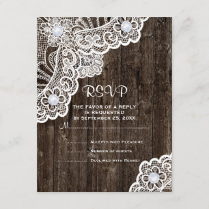 Vintage white lace on old wood wedding RSVP Card