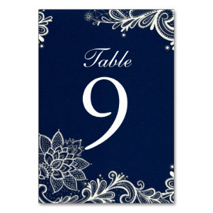 vintage white lace pattern navy blue wedding table number