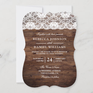 Vintage White Lace Rustic Wood Wedding Invitation