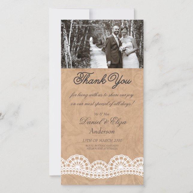 Vintage White Lace Wedding Thank You Photo Card (Front)