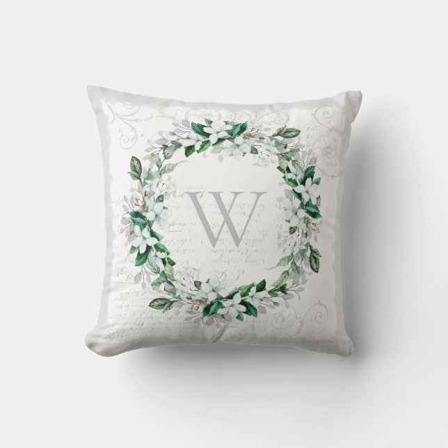 Vintage White Magnolia Floral Wreath Monogram Cushion (Front)