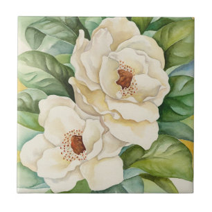 Vintage White Magnolia Watercolor Floral Ceramic Tile