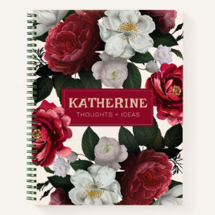 Vintage white maroon rose peonies flowers floral notebook