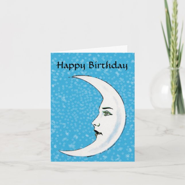 Vintage White Moon Face White Stars Birthday Card (Front)