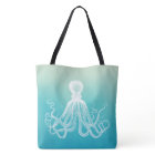 Vintage White Octopus Watercolor Aqua Blue Ombre