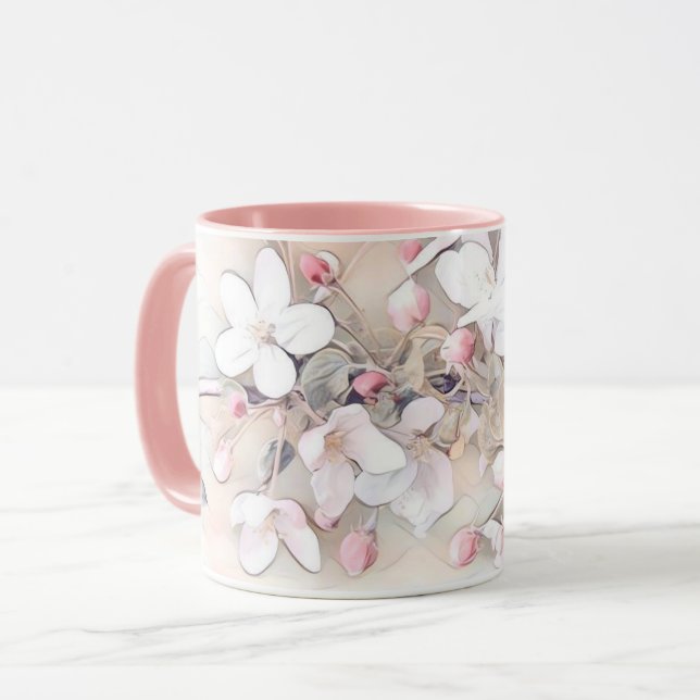 Vintage white pink cherry blossom drawing minimal  mug (Front Left)