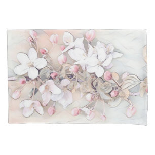 Vintage white pink cherry blossom drawing minimal pillowcase