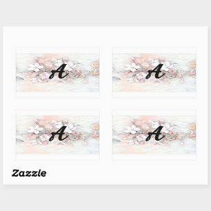 Vintage white pink cherry blossom drawing Monogram Rectangular Sticker