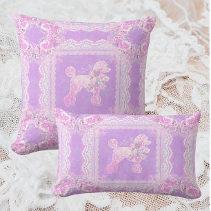 Vintage White Pink Lilac Lace Poodle Patchwork Lumbar Cushion