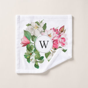 Vintage White & Pink Magnolia Flowers Monogram Bath Towel Set