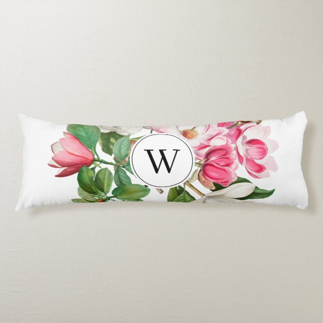 Vintage White & Pink Magnolia Flowers Monogram Body Cushion (Front)
