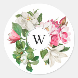 Vintage White & Pink Magnolia Flowers Monogram Classic Round Sticker