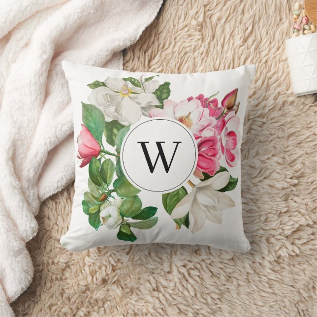 Vintage White & Pink Magnolia Flowers Monogram Cushion (Blanket)