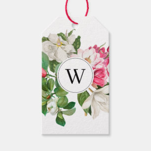 Vintage White & Pink Magnolia Flowers Monogram Gift Tags