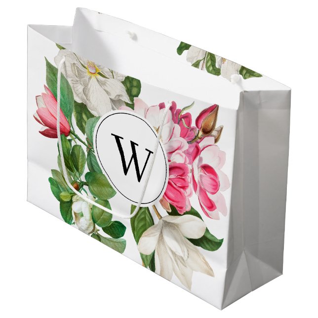 Vintage White & Pink Magnolia Flowers Monogram Large Gift Bag (Front Angled)