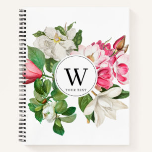 Vintage White & Pink Magnolia Flowers Monogram Notebook