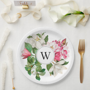Vintage White & Pink Magnolia Flowers Monogram Paper Plate